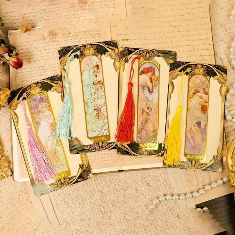 1Pc Vintage Painting Metal Bookmark Hollow Golden Bookmark with Tassel Stationery Gifts for Book Club Reader Writers Book Lovers