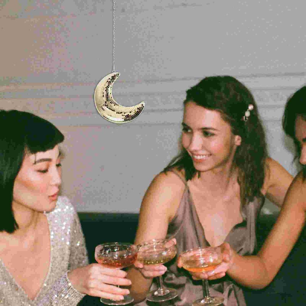 Golden Moon Shape Pendant Disco Decor Hanging Mirror Ball Party Accessories Home Decor Items Wind Chimes RetroDecorations