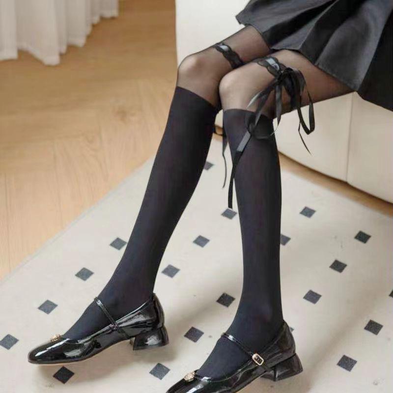 

Sexy High Cut Black Bow Tie Pantyhose Thin and Versatile Pantyhose Base Socks Bow Tie Lace Black Stockings One Size чёрный