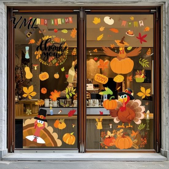 Removable Glass Stickers 4 Sheets Thanksgiving Static Window Stickers, Decorative Vinyl Decals, Autumn Turkey Pumpkin Maple Leaves Patterns