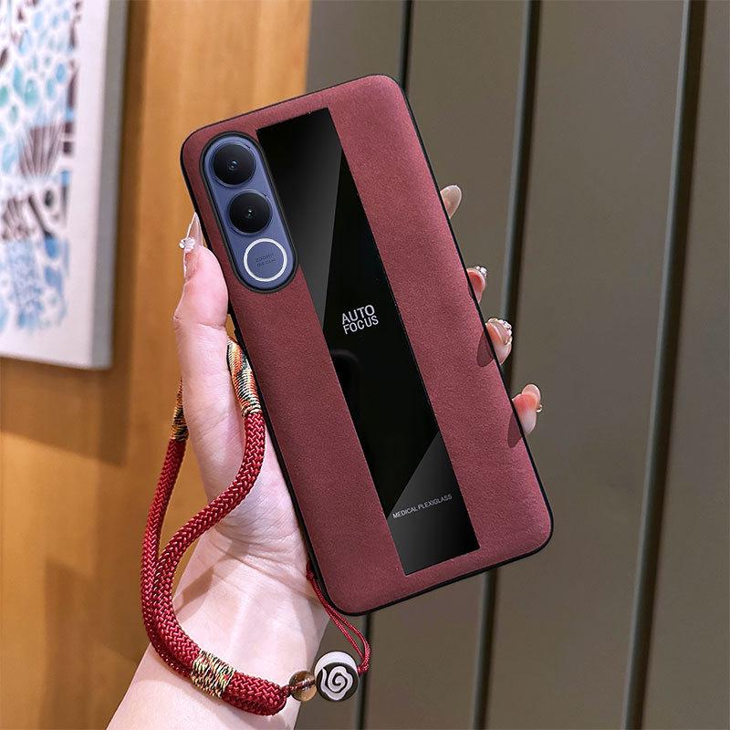 

VIVO V70 FE Lambskin Anti-Drop Retro Phone Case with Hand Lanyard - Frosted Business Style Cover VIVO V70 Elite