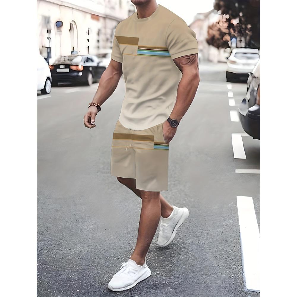 New Stitching Printed Men's Suit Summer Round Neck Short Sleeve Top And Casual Shorts Fashion Street Style Two-Piece Set