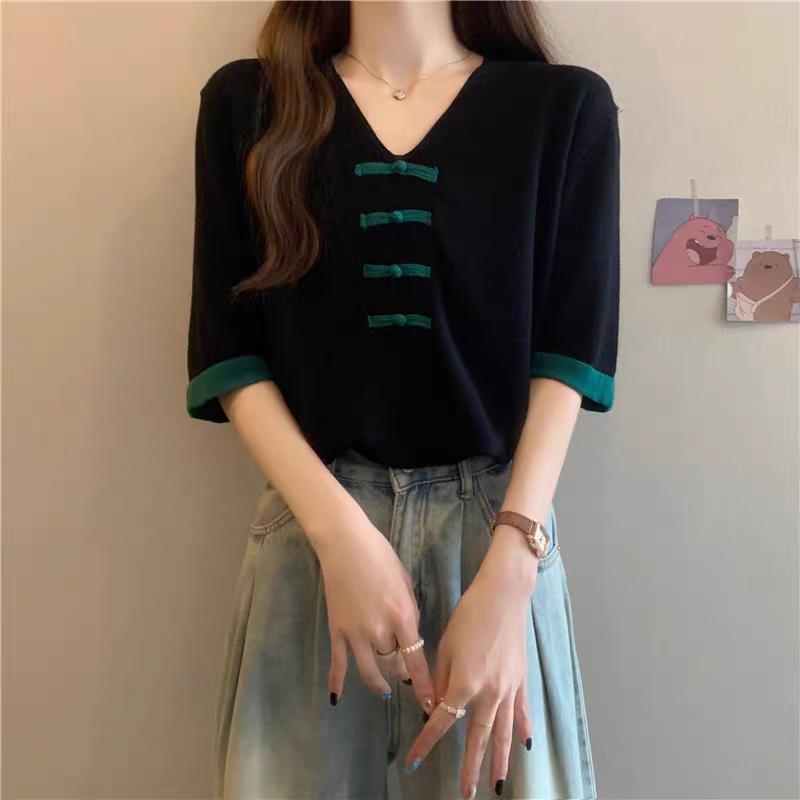 

Весна Лето Женская Вязаная Блузка в Китайском Стиле V-образный Вырез Пуговица-лягушка Color Block С коротким Рукавом Повседневный Свободный Вязаный Топ L чёрный