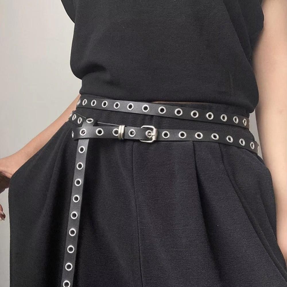 Adjustable Double Loop Thin Belt PU Leather High Quality Waist Chain Double Layer Rivet Eyelet Buckle Belts Dress Accessories