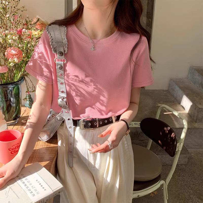 Women's Casual Minimalist Korean White Cotton Short-Sleeve Round Neck T-Shirt