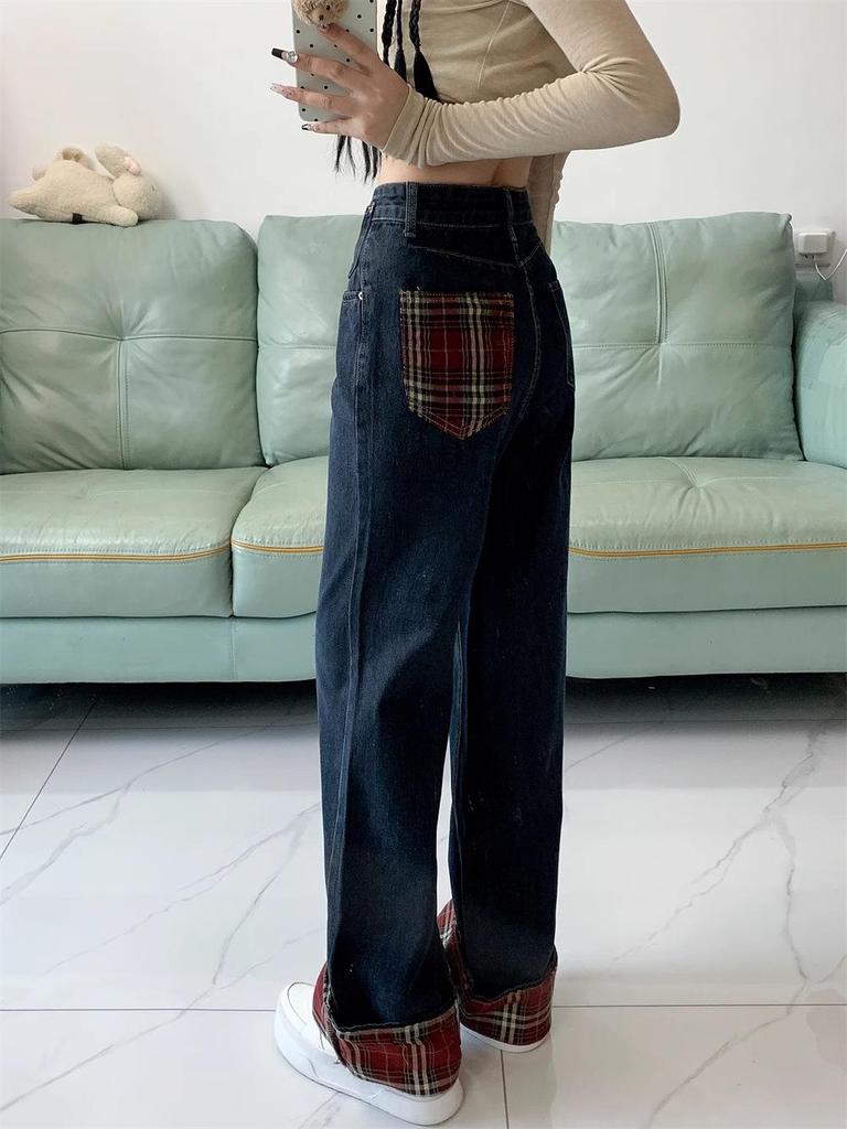 Women's Dark Blue Plaid Patchwork High-Waist Wide-Leg Jeans - Plus Size, Loose Fit, Slimming, Pear-Shaped, Autumn Style