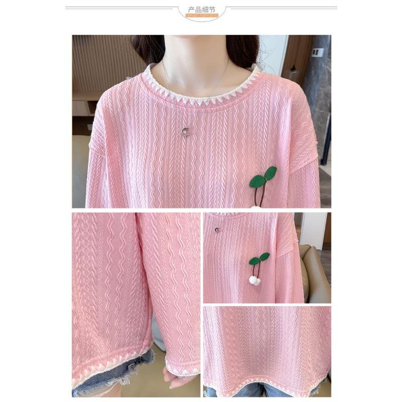 Lace Collar Foreign Style Top Korean Style Loose Round Neck Long Sleeve T-shirt for Women