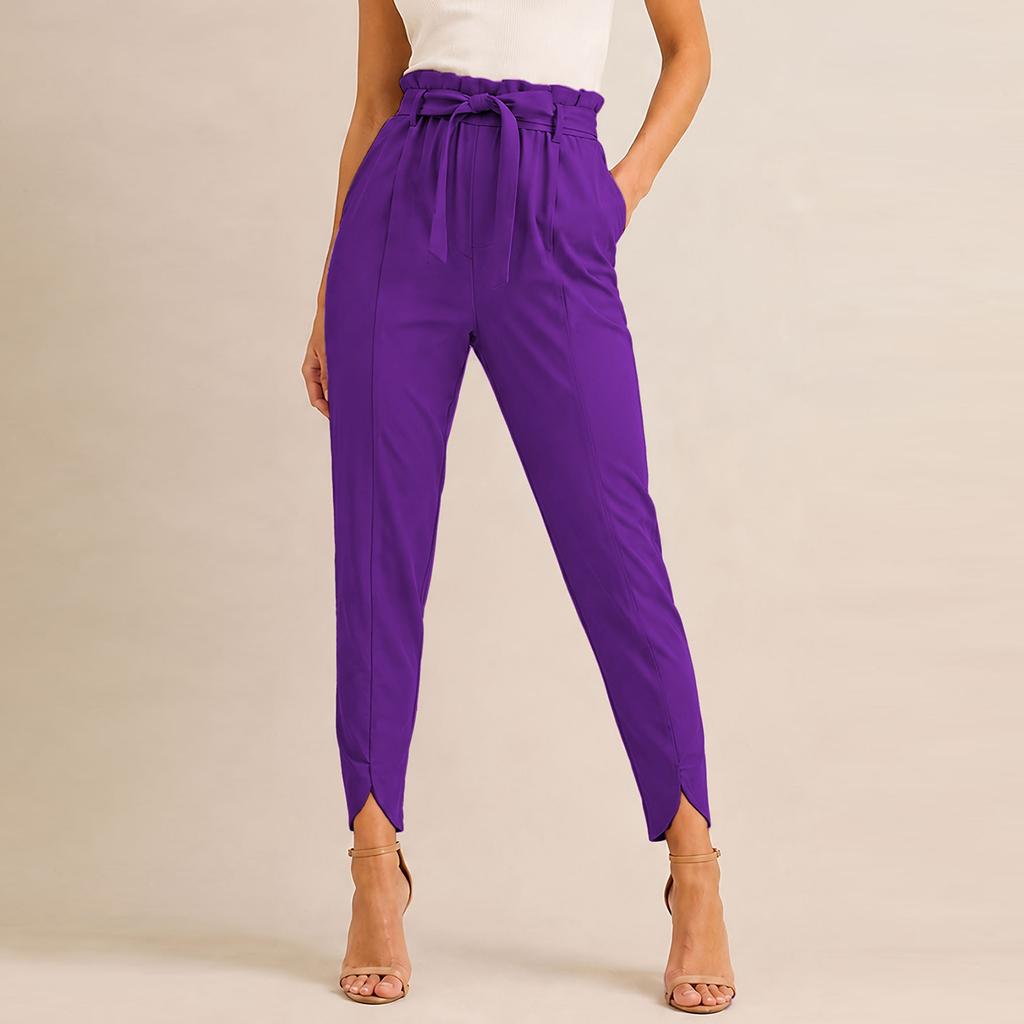 Women's Color Slim Fit Pleated Pants with Pockets and Tie Waist for Casual Daily Wear