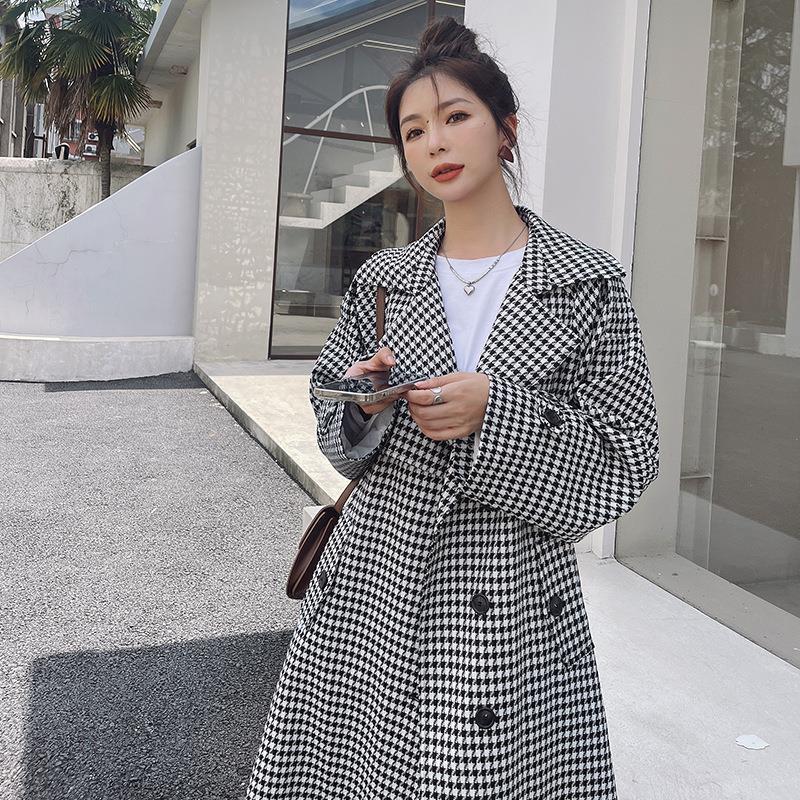 Houndstooth Windbreaker Women's Mid-length Autumn Waist Style British Style Casual Coat