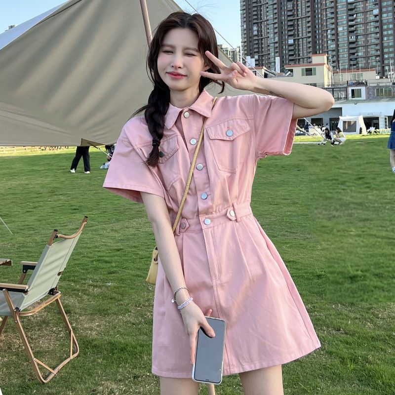 Women's New Young Style Skinny Button Streetwear Fashion Casual Solid Simplicity Pockets Turn-down Collar Dresses