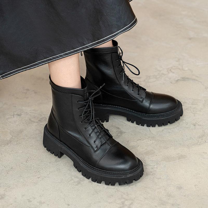 Fashion 2024 New Genuine Leather Winter ZIP Women Boots Fashion Round Toe Chunky Heel ANKLE Boots Platform Shoes Women Shoes Stretch