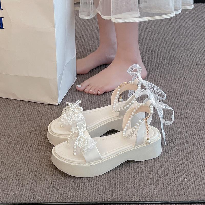 

2025 Summer New Women Bow Pearl Sandals Women s Sandals Fashion Peep Toe Platform Casual Slippers for Women Plus Size Sandals 41
