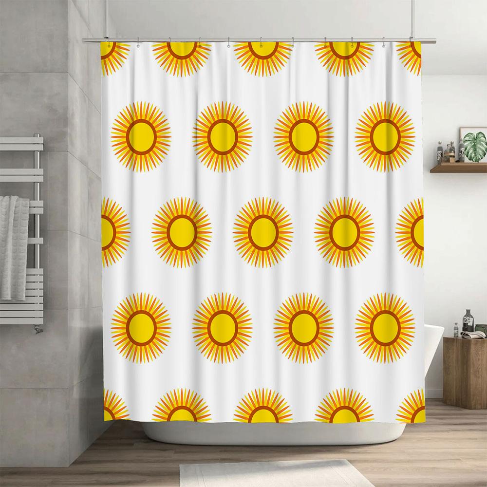 Sunburst Shower Curtain Sun Print Bath Decor with Hooks Set for Bathroom Decoration, Waterproof Fabric in Yellow and Orange (Whi