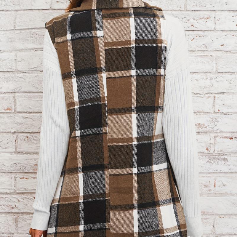 Fashion Lapel Suit Vest Plaid Jacket Plaid Sleeveless Vest Loose Large Size Female Elegant Style All-match Sleeveless Single-breasted Cardigan
