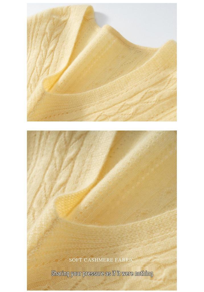 Early Autumn Retro V-neck Hollow Pure Cashmere Women's Pullover - Korean Soft Casual Knit Long Sleeve Sweater