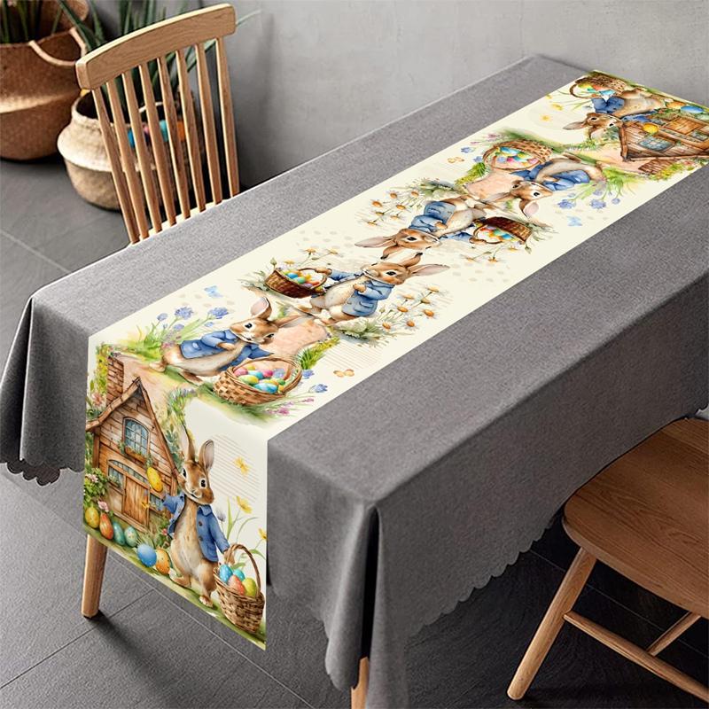 Vintage Easter Bunny Table Runner Polyester Rabbit Eggs Flower Table Flag Easter Decorations For Home Kitchen Dining Table Decor