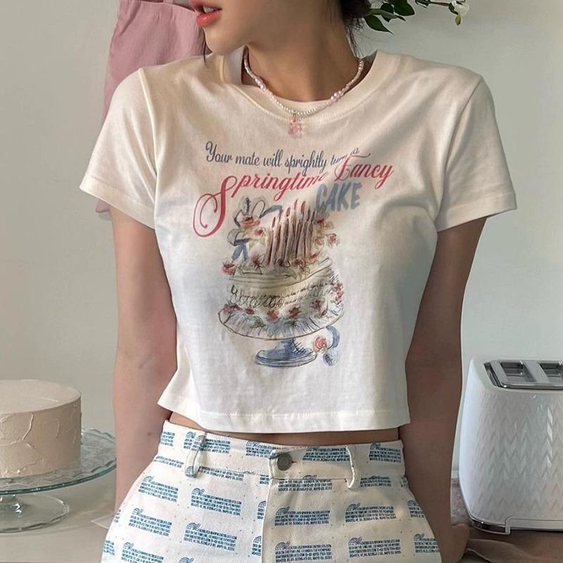 Sommer lustige Cartoon T-Shirts Damen O-Ausschnitt Kurzarm reine Baumwolle T-Shirt lässig Elastisch Skinny y2k Crop Tops Damenkleidung