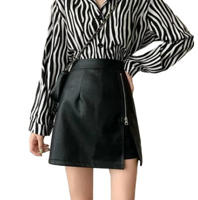 Zippered Mini Pencil Trapezoid High Asymmetrical Mini Korean Faux Solid Medium Length Leather-look A-line Skirt, Casual, Leg-lengthening Effect,