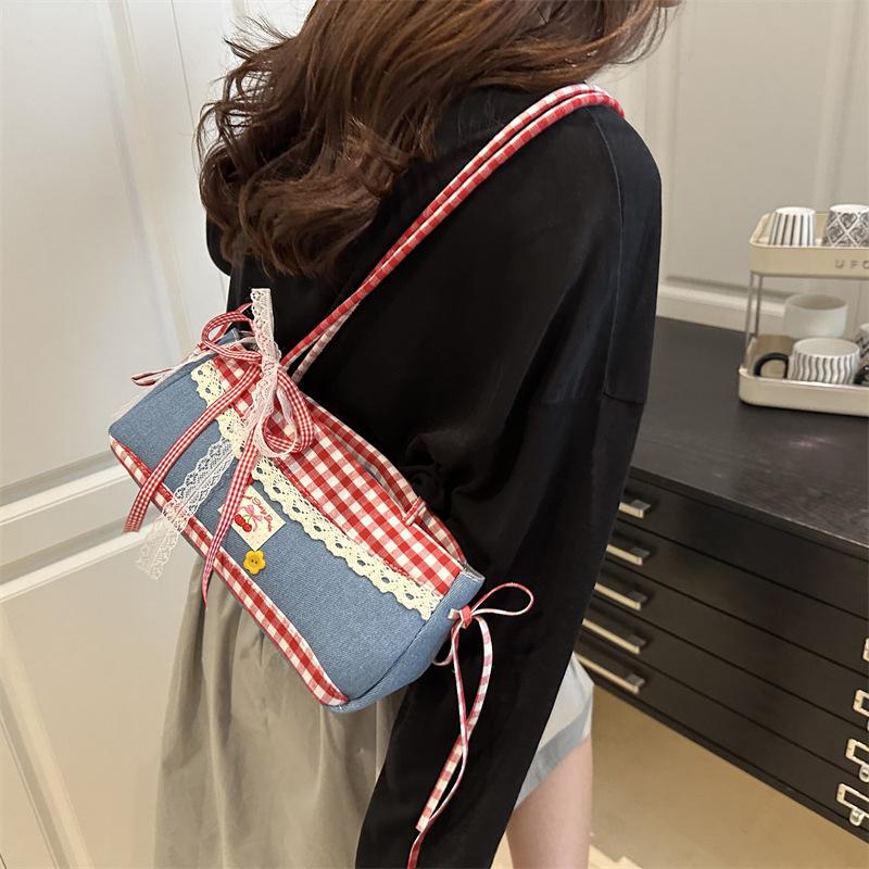 Casual Plaid Canvas Bag Women's 2025 New Fashion Ballet Girly Underarm Bag Large Capacity Shoulder Bag