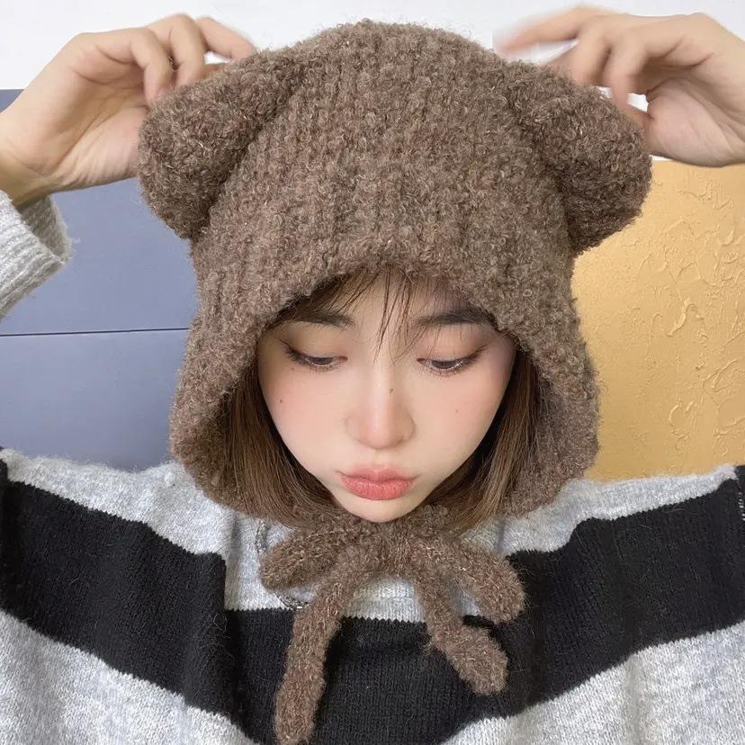 Women's Cute Bear Wool Hat - Warm Plush Knitted Beanie for Large Head Circumference