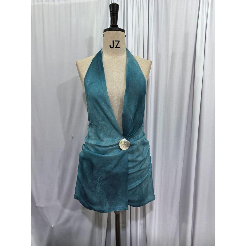 

Elsa Western Style Solid Cross Hanging Neck Dress Summer New Sexy Temperament Backless Slim fit Slimming Short dress Blue M