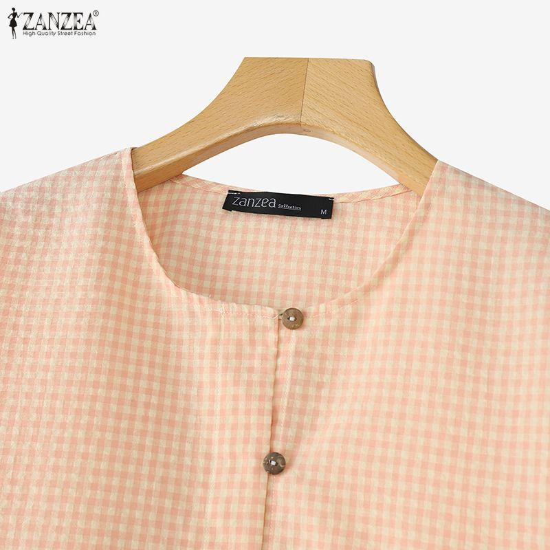 ZANZEA Women Casual Round Neck Long Sleeve Plaid Print Blouse