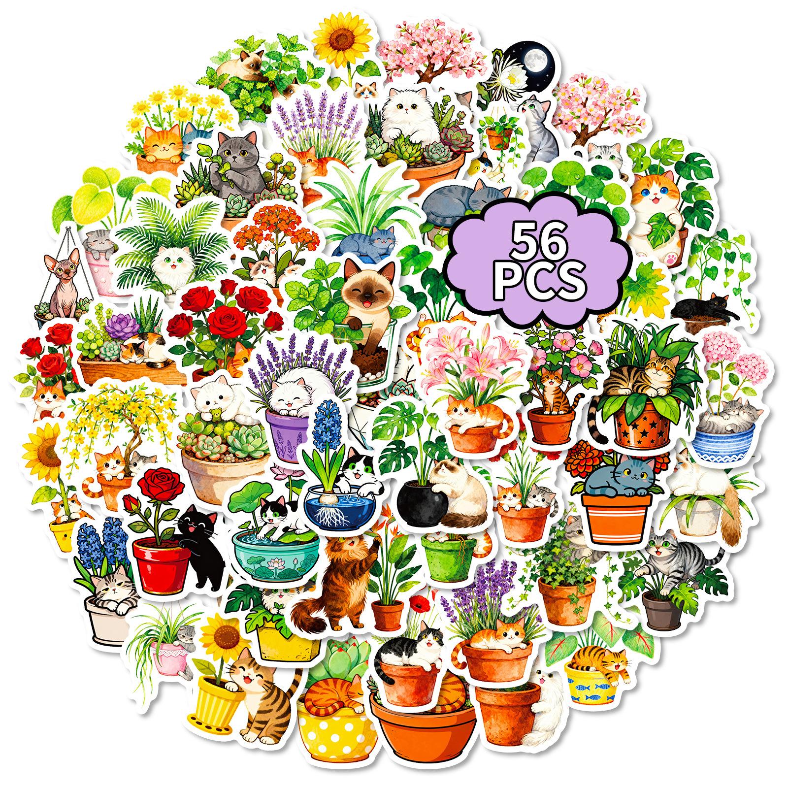 56 Little Fresh Cartoon Cat And Plant Graffiti Stickers Creative Stickers