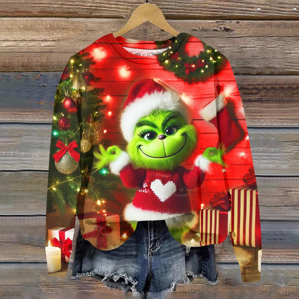 Ladies' Christmas Greentown Print Casual Long Sleeved Round Neck Sports Hoodie Top