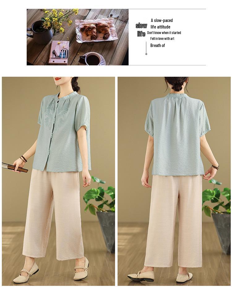 2025 Summer Tencel Cotton Linen Short Sleeve Chinese Embroidery Top & Wide Leg Pants Set