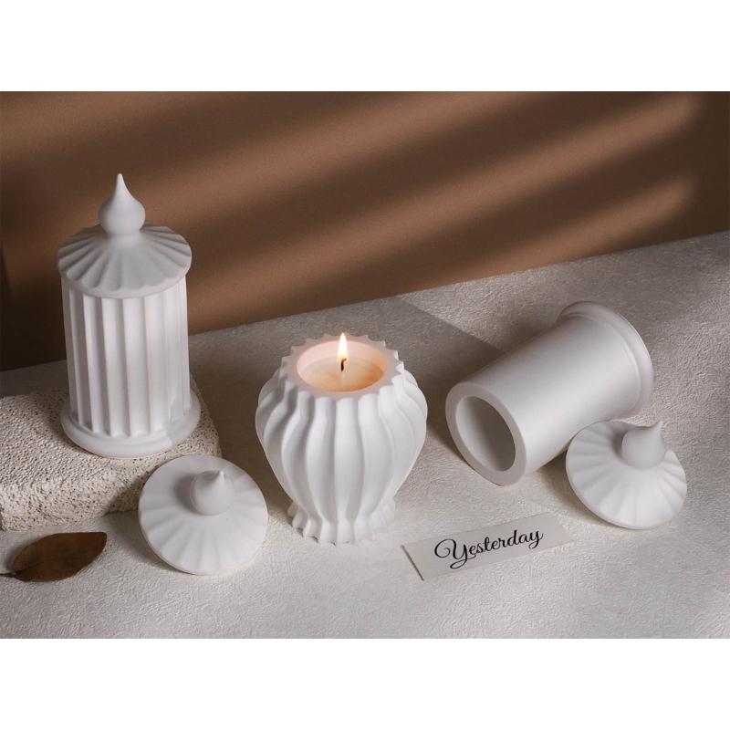 Striped Cylinder Resins Jar Molds Candlestick Molds for Making Candlestick Tealight Holder Storage Jar, Resins Lid Molds