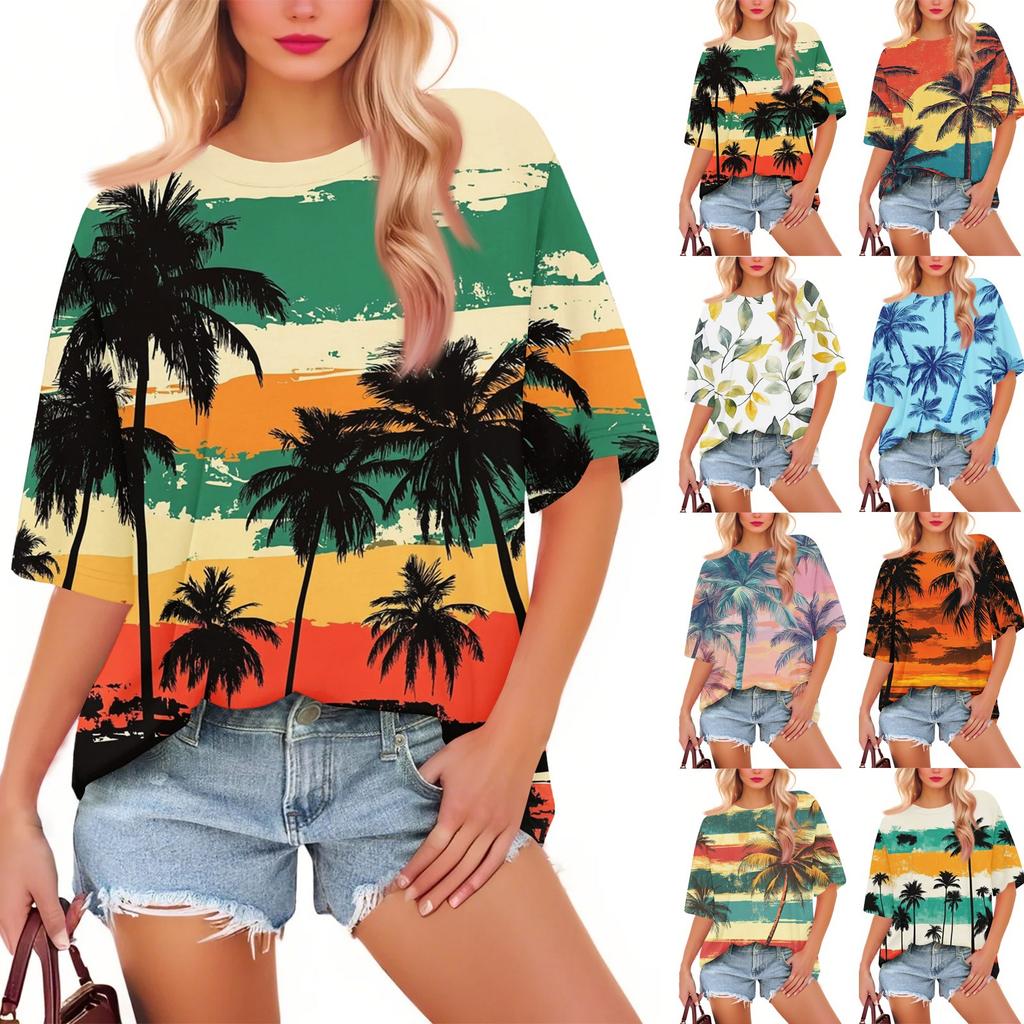 Women's Fashion Casual Floral Loose Round Neck Short Sleeve Trendy Holiday T-shirt Top