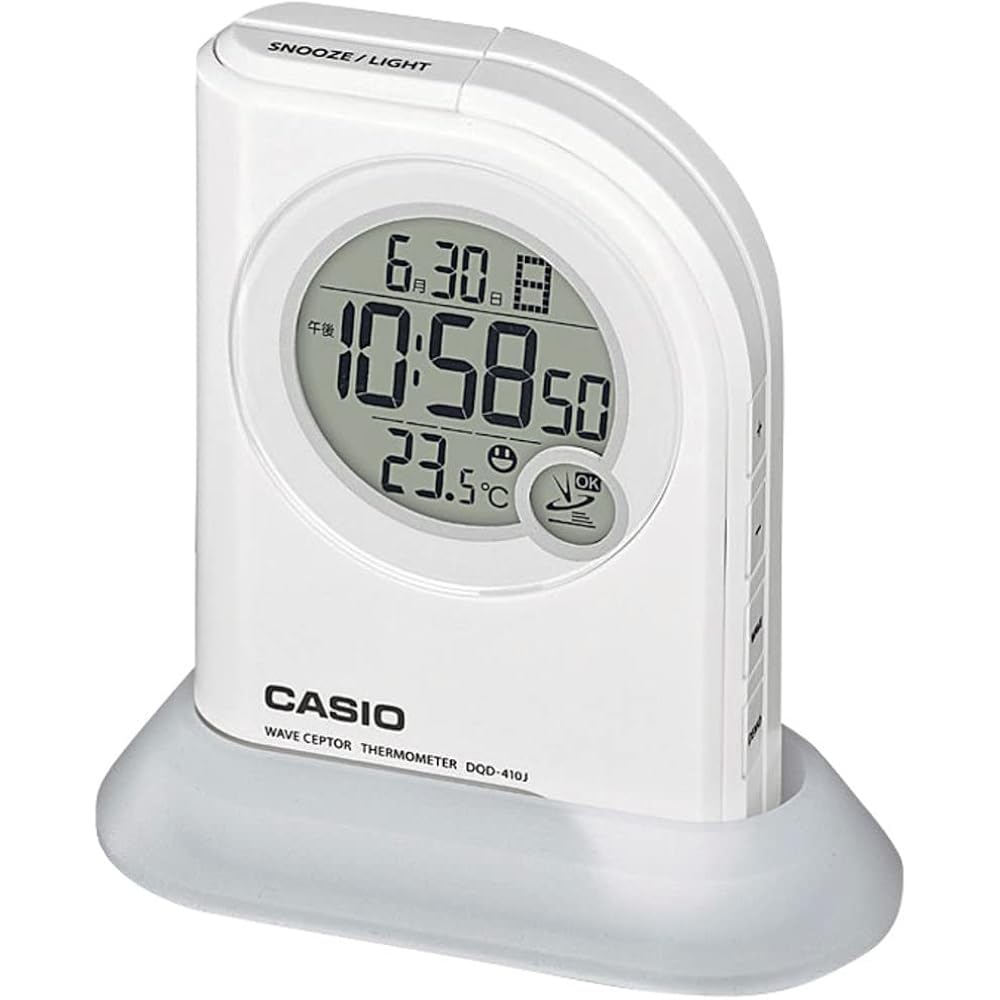 CASIO Alarm Clock, Radio-Controlled, White, Digital, Flashlight, Temperature, Calendar, DQD-410J-7JF