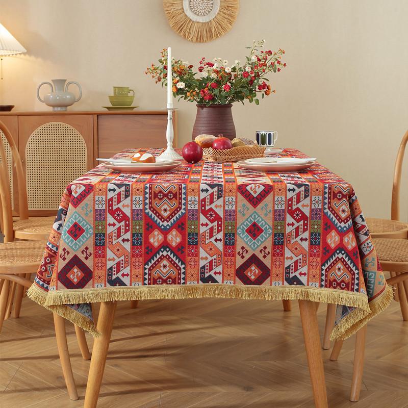 Polyester Cotton Color Woven Jacquard Flower Geometric Gold Fringed Tablecloth Rectangular Coffee Table Tablecloth Dining Table Cloth