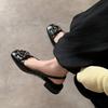 Leather shallow mouth low heel rhinestone sandals women's spring 2025 new bag head back empty word with sandals