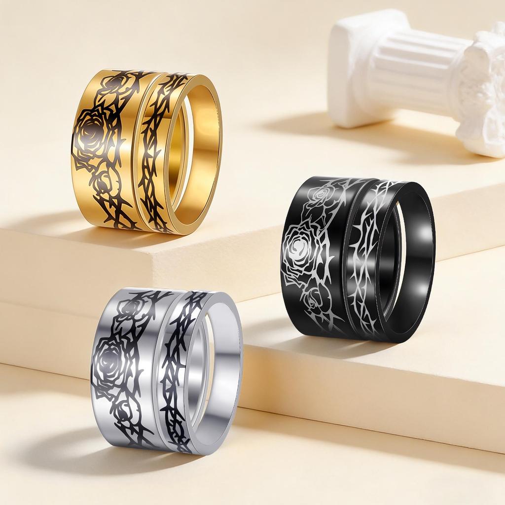 European Rose Vine Pattern Stainless Steel Couple Ring Set