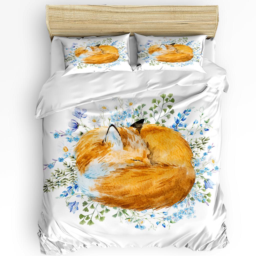 Cartoon Animal Watercolor Sleeping Fox Flower Bedding Set 3pcs Duvet Cover Pillowcase Quilt Cover Double Bed Set Home Textile