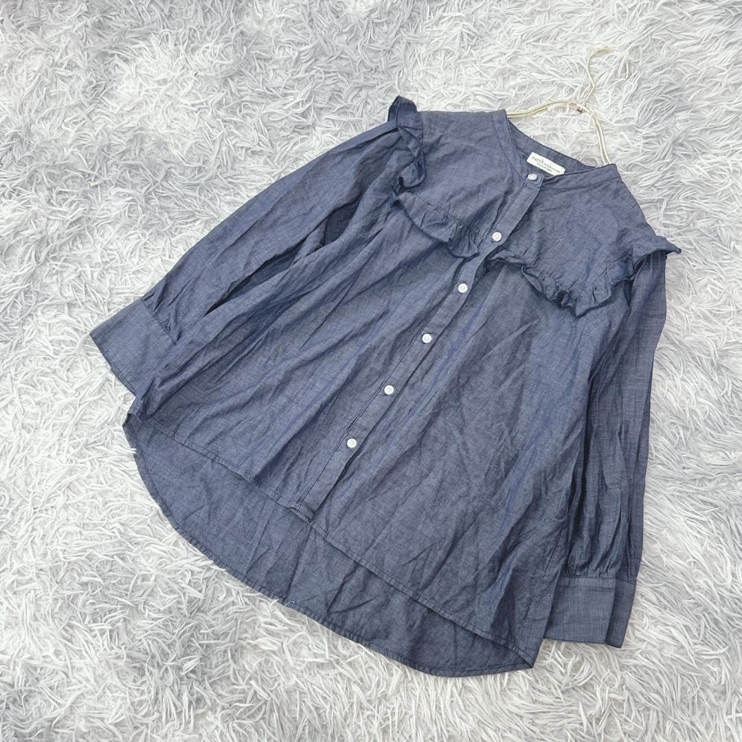 [Good condition] earth music & ecology band collar blouse shirt (F) cute denim style