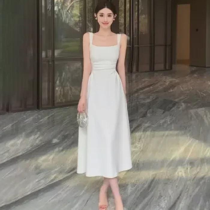 Women's French-Style White Suspender Dress - Summer Cool, Square Neck, Slim Waist, A-Line Long Skirt