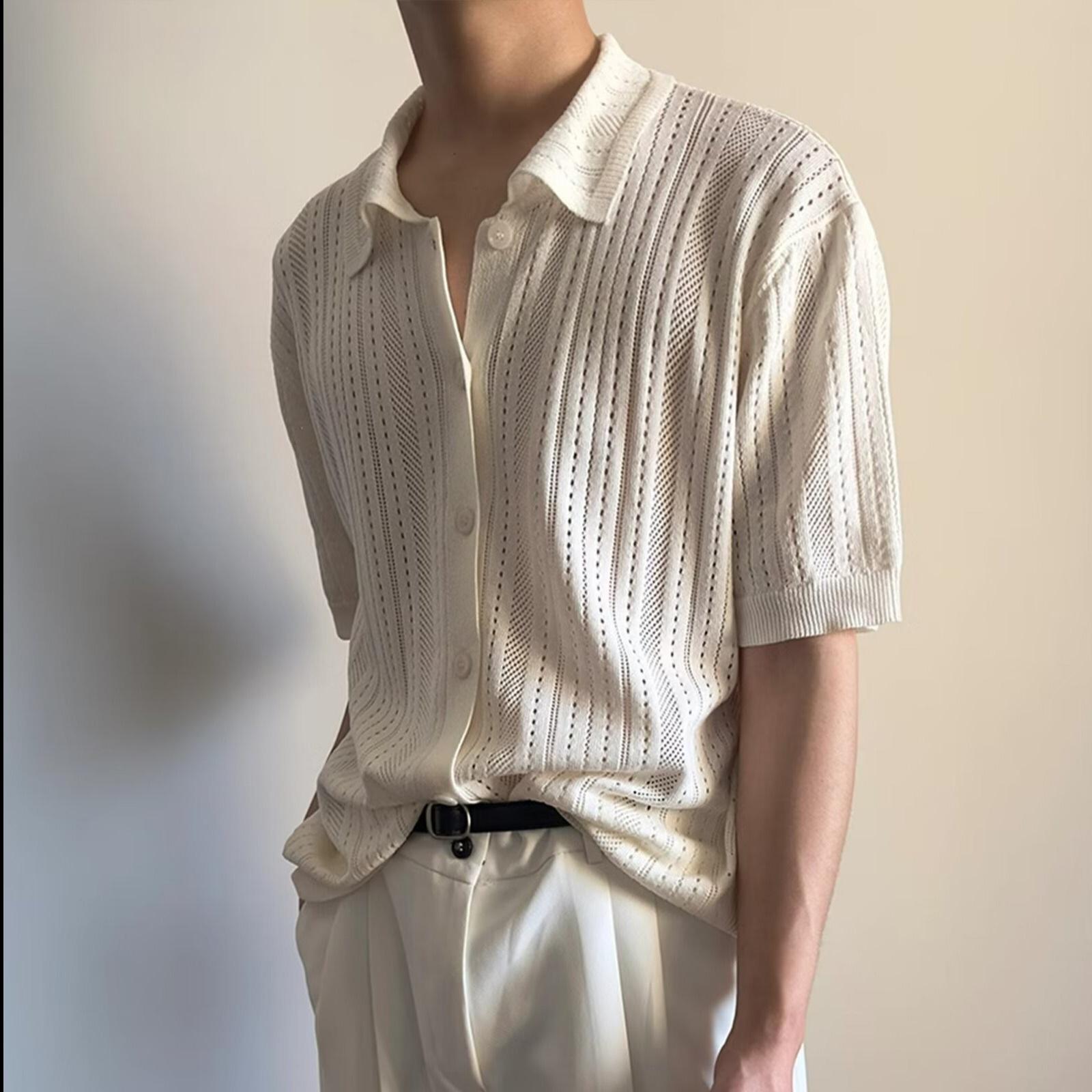 

Мужской модный ретро ажурный кардиган с короткими рукавами и лацканами XXXL грязно-белый