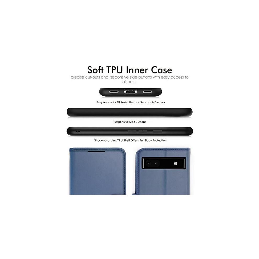 (Blue) Pixel 6a Wallet Case, Flip Protective Cover with Card Holder, Stand and Wrist Strap - PU Leather with Magnetic Closure For Google Pixel 6a