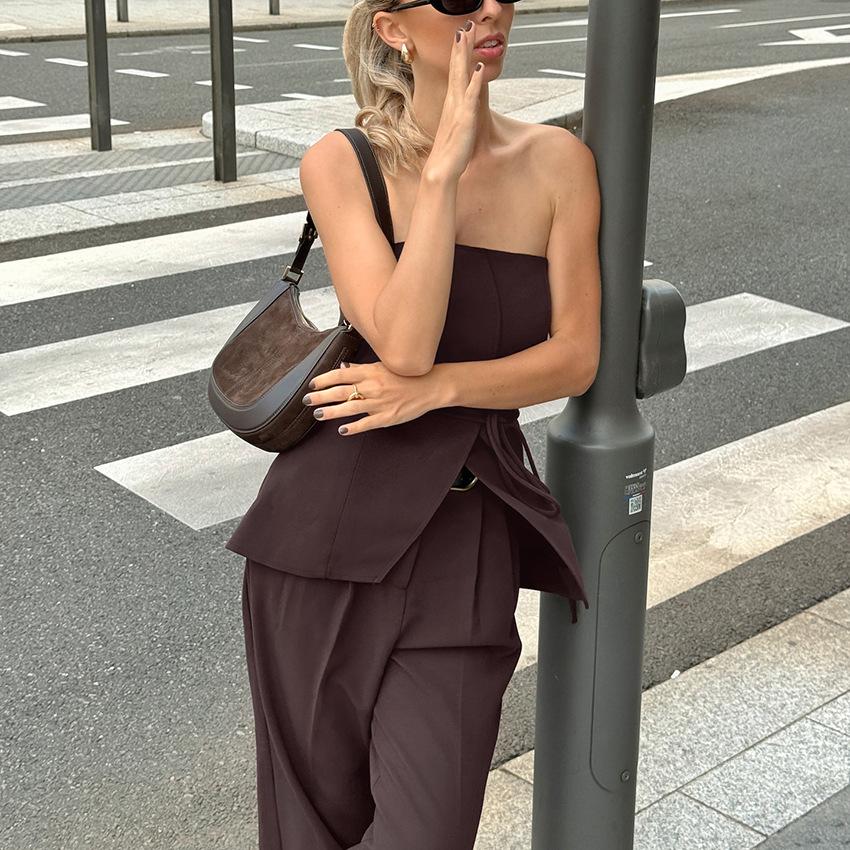 Spring and summer dark brown retro style tube top design feeling off-the-shoulder lace-up top trousers two-piece set European and American fashion