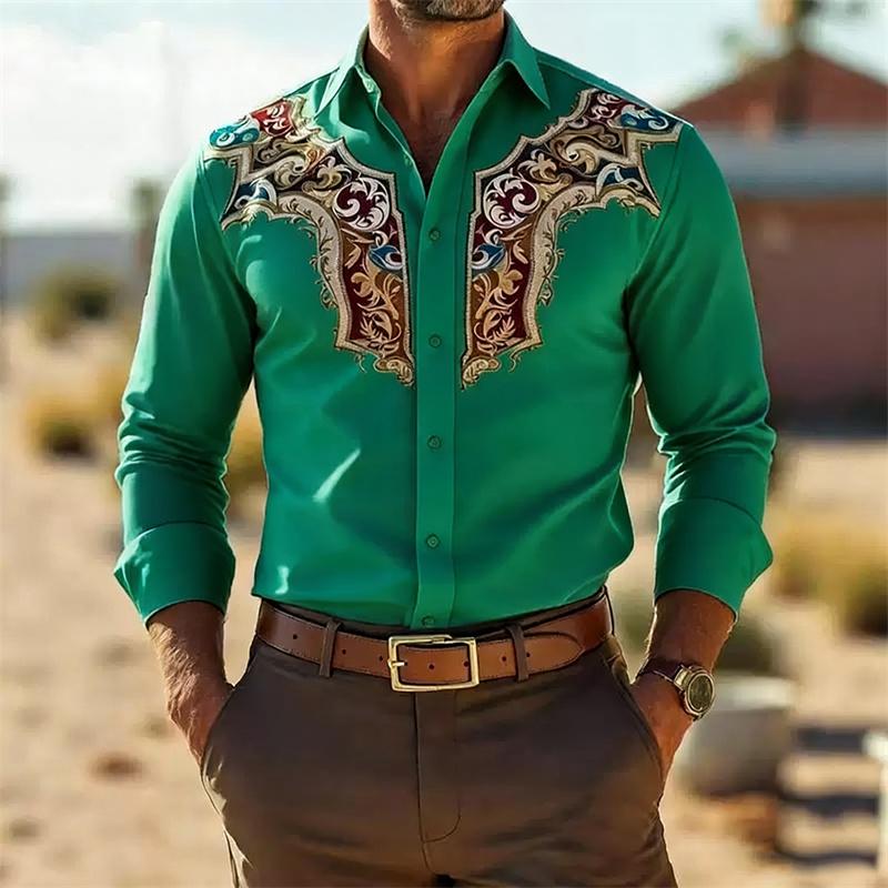 Men's Retro Fashion Printed Long-Sleeve Shirt, Western Cowboy Style, Slim Fit Casual Shirt, Comfortable Fabric, Sizes XS-6XL