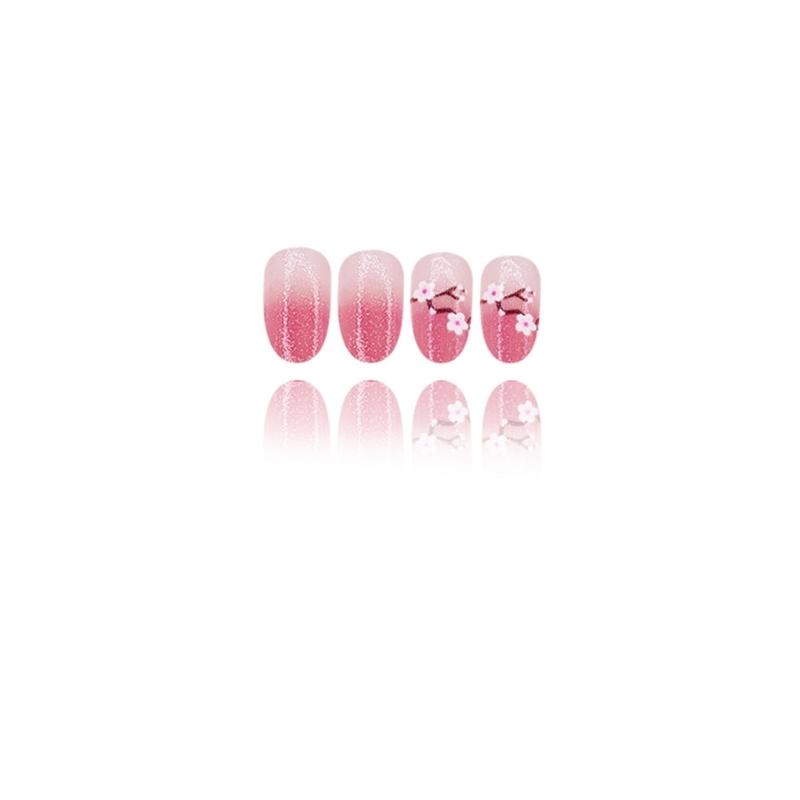 24 Pcs Simple Artificial Nail Short Round Full Cover False Nail Glittering Stick on Nail Peach Blossoms Press On Nail