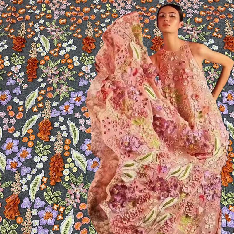 1 Yards 3D Floral Lace Embroidery Fabric Flower Embroidery Mesh Colorful Thread Fabric For Sewing Wedding Evening Dress