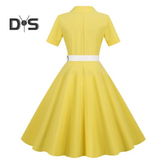 Damekjole V-hals Revers Enkeltspent med Belte A-linje Stort Sving Skreddersydd Høy midje Ensfarget Retro Kortermet Prinsessestil Dame Midikjole