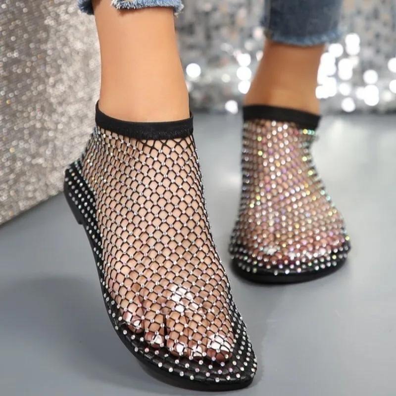 Fashion Women's Flat Sandals  Rhinestone Fishing Net Sandals Flat Bottom Footware Roman Flat Party Shoes Zapatillas Mujer