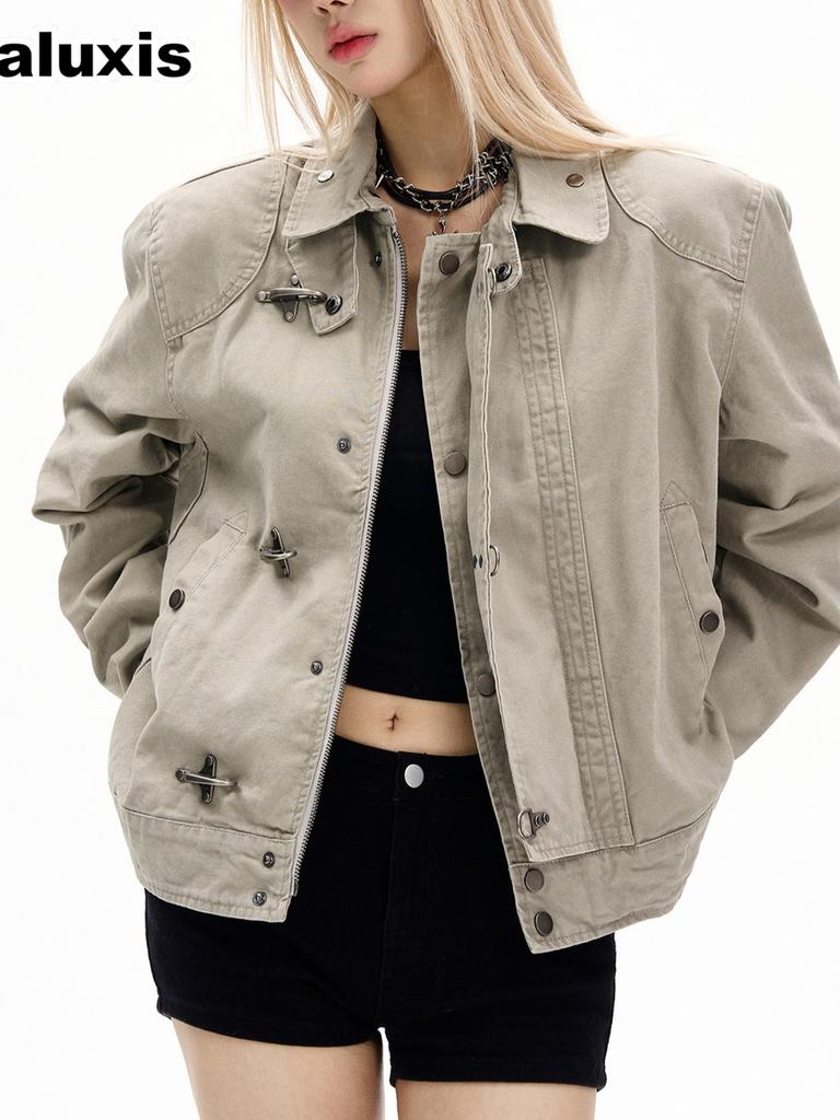 Vintage Distressed Flight Jacket with Button-Down Collar for Women, Autumn Winter New Style Slouchy High-End Couple Workwear Coat Trendy