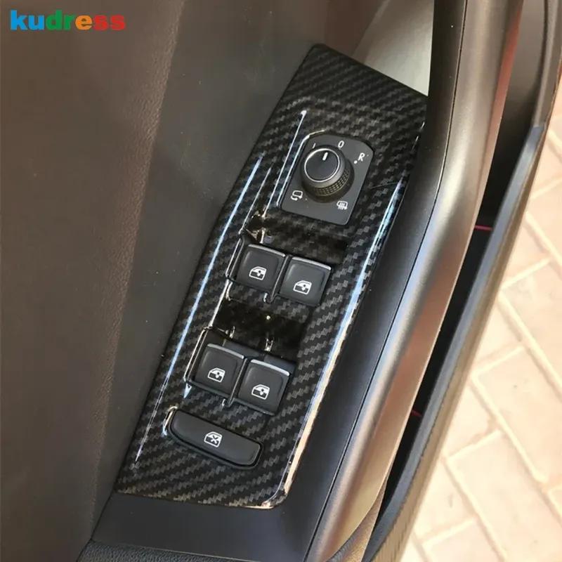 För Volkswagen VW T-Roc TROC 2017-2024 Kolfiber Bil Innerdörr Fönsterhiss Knapp Panel Cover Trim Interiörtillbehör