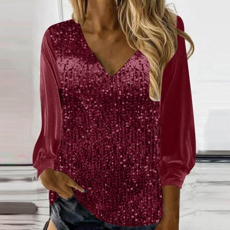 Sparkly Sequin Blouse for Women Loose Long Sleeve Shiny V Neck Party Dressy Shirt Holiday Evening Wear