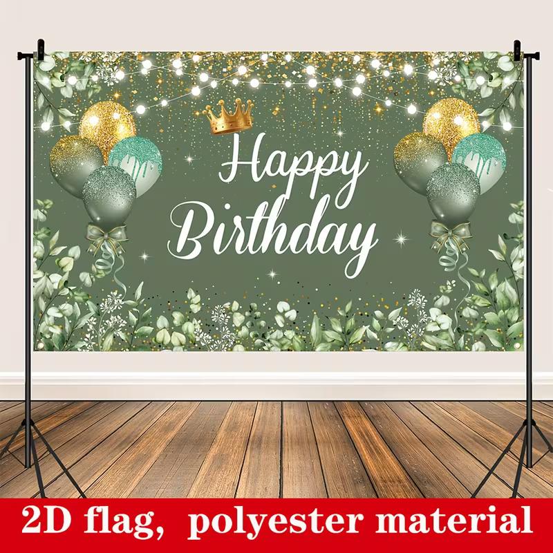 2D Happy Birthday Photography Backdrop, Sage Green Gold Balloon & Crown Themed Party Banner 47.2x31.5inch/120*80cm